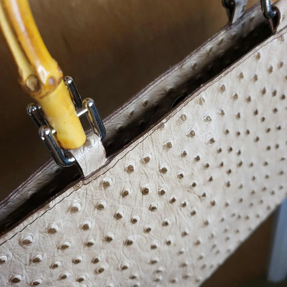 Maya Moon Handcrafted One-of-a-Kind Ostrich Handbag With Bamboo Handles. - Picture 13 of 16